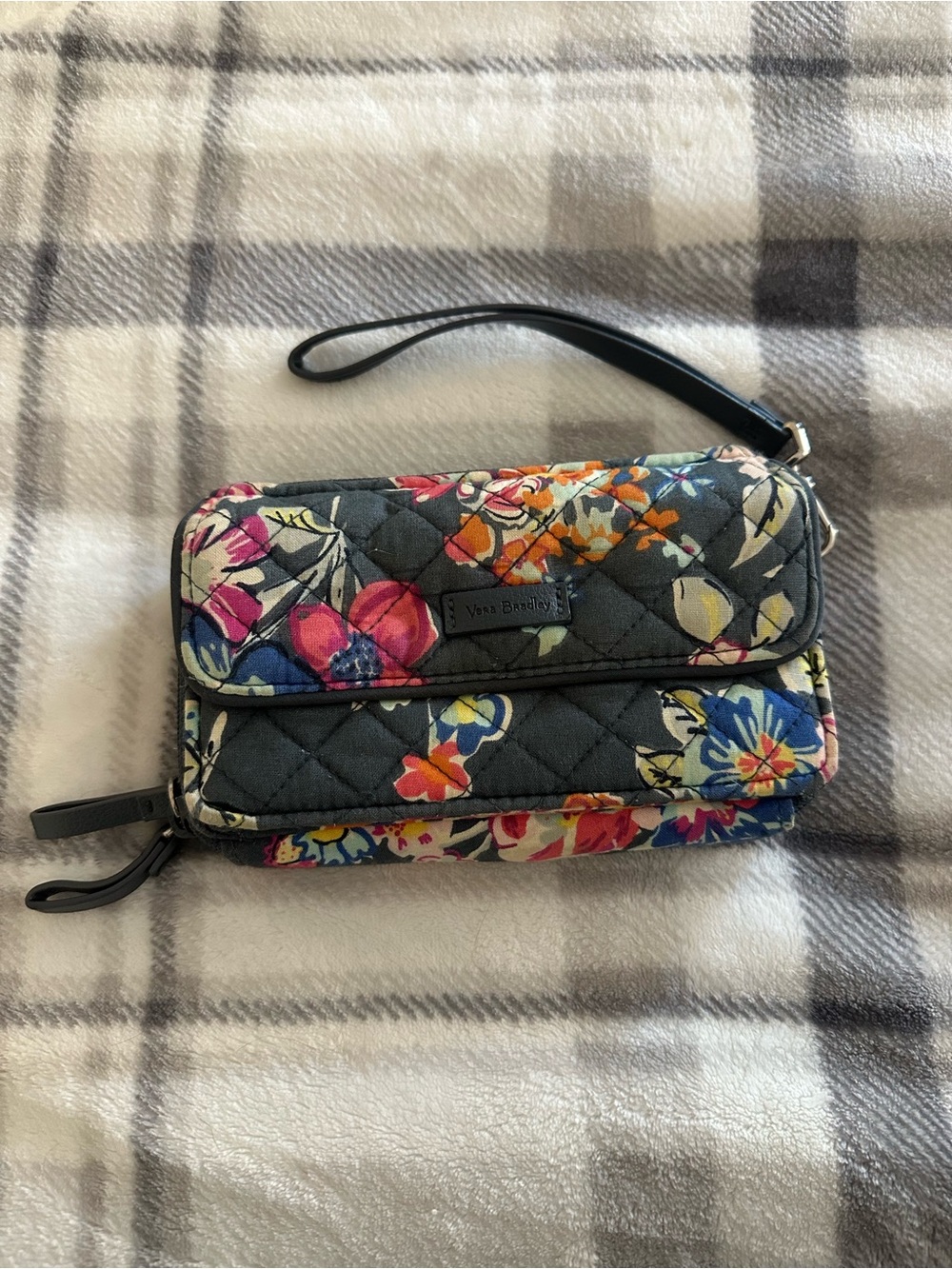 Vera Bradley Quilted Floral Wristlet in Charcoal with Multicolor Flowers